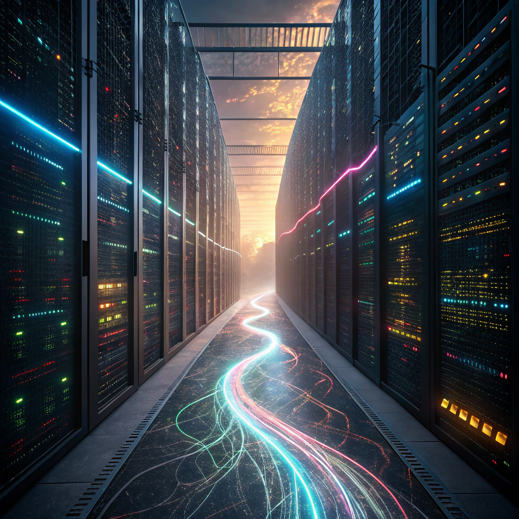 Cyfrowy krajobraz danych strukturalnych i AI, z luminous nodes wiedzy i dynamicznym przepływem informacji wpływającym na AI