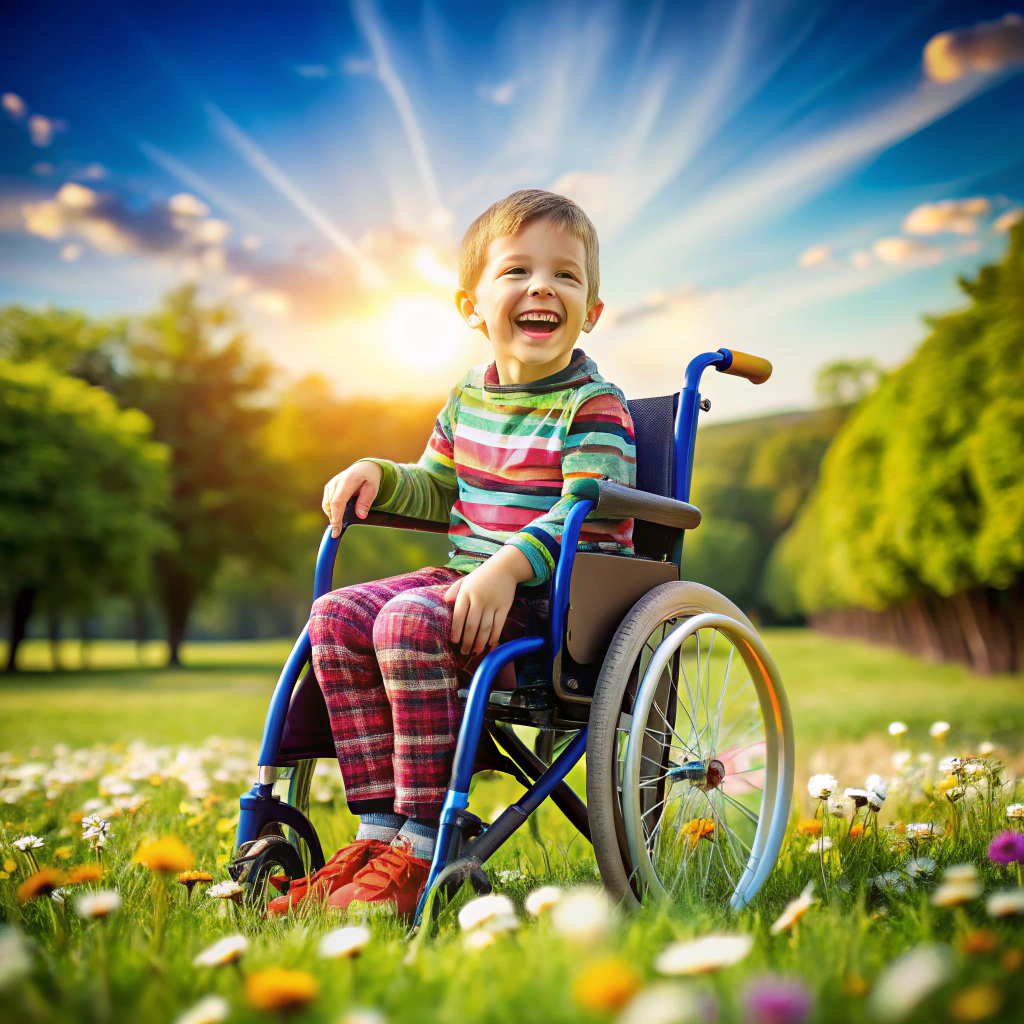 Joyful Child in Colorful Wheelchair in Park