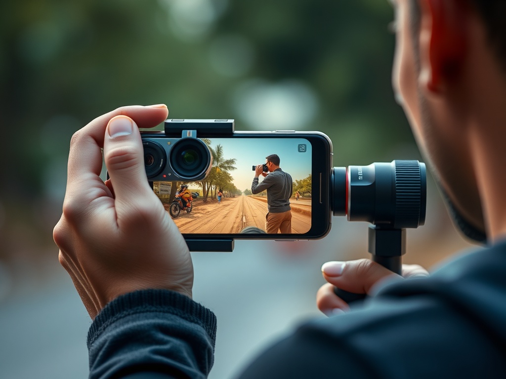 یک فرد در حال فیلمبرداری با گوشی هوشمند مجهز به گیمبال و لنزهای خارجی، صحنه‌ای پویا را ثبت می‌کند، که نشان‌دهنده تجهیزات حرفه‌ای موبایل برای مسابقه عکاسی موبایل و فیلمسازی خلاقانه است.