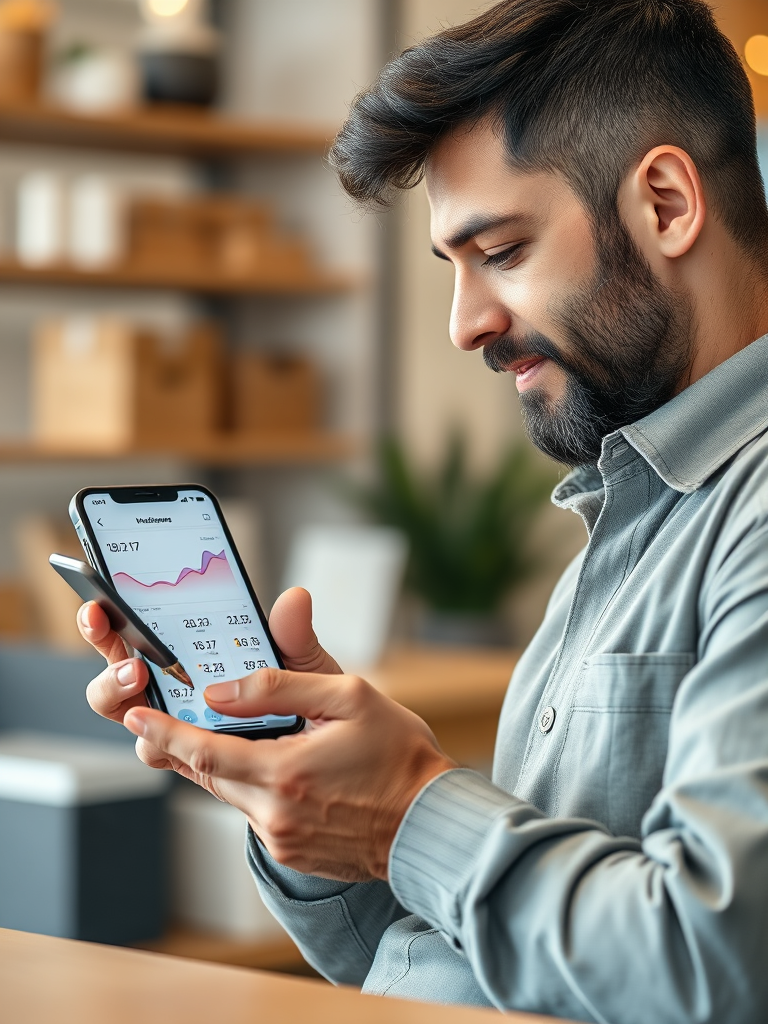 یک صاحب کسب‌وکار کوچک که از گوشی هوشمند خود برای مدیریت فروشگاه آنلاین، نمایش ابزارهای تحلیلی و ارتباطی استفاده می‌کند، نشان‌دهنده کاربرد گوشی‌های هوشمند در کسب‌وکار و اخبار گوشی‌های هوشمند.