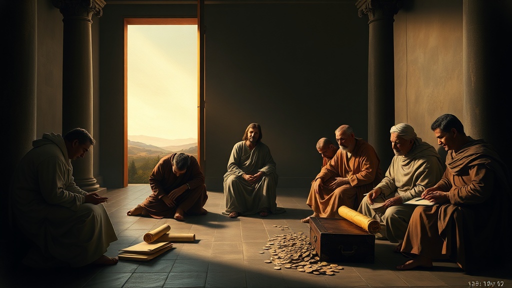 빛 비추는 고전 실내 장면에 겸손한 인물과 그림자 속 부유한 인물들, 문서와 동전이 놓인 장면을 묘사