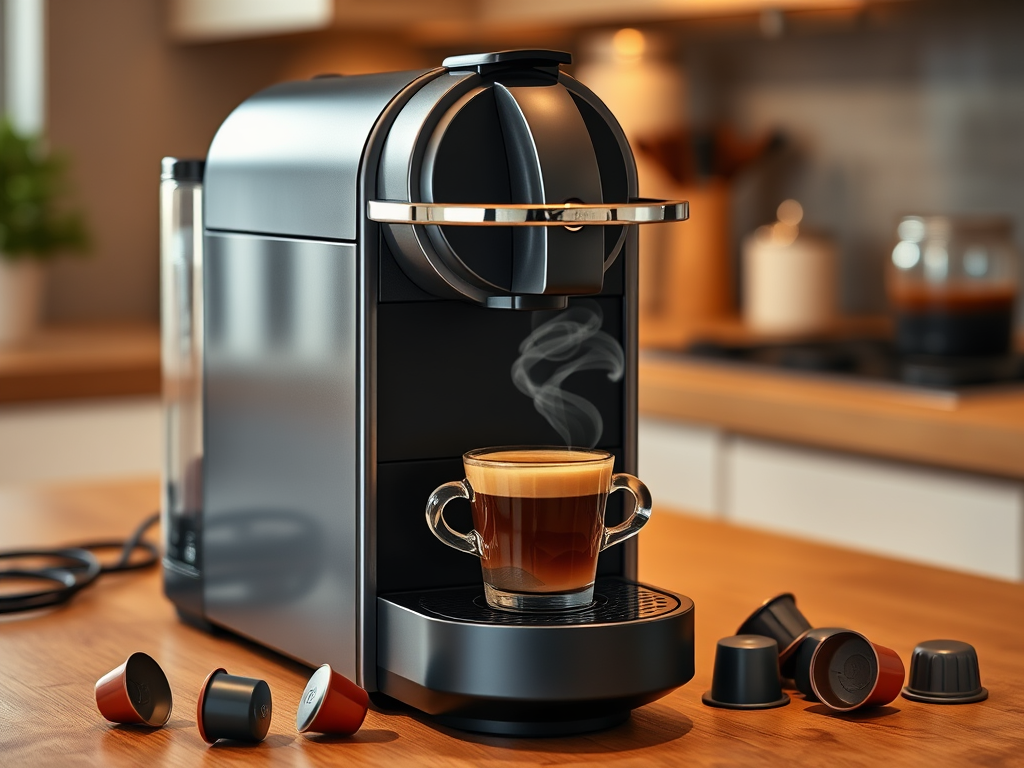 Create a realistic image of a sleek, modern Nespresso coffee machine on a kitchen countertop, with a freshly brewed espresso in a small cup next to it, steam rising from the cup, and various Nespresso coffee capsules scattered nearby, all under warm, inviting lighting that highlights the machine's design and the rich color of the coffee.