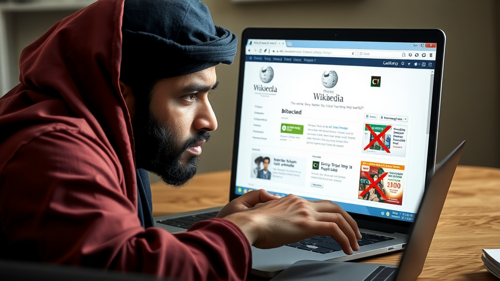 یک شهروند پاکستانی با چهره‌ای ناامید در حال تماشای صفحه ویکی‌پدیا مسدود شده روی لپ‌تاپ خود، که نشان‌دهنده سانسور ویکی‌پدیا در پاکستان است.