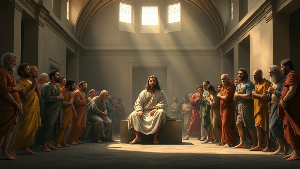 고전적 실내에서 중재와 화해의 가능성을 암시하는 장면