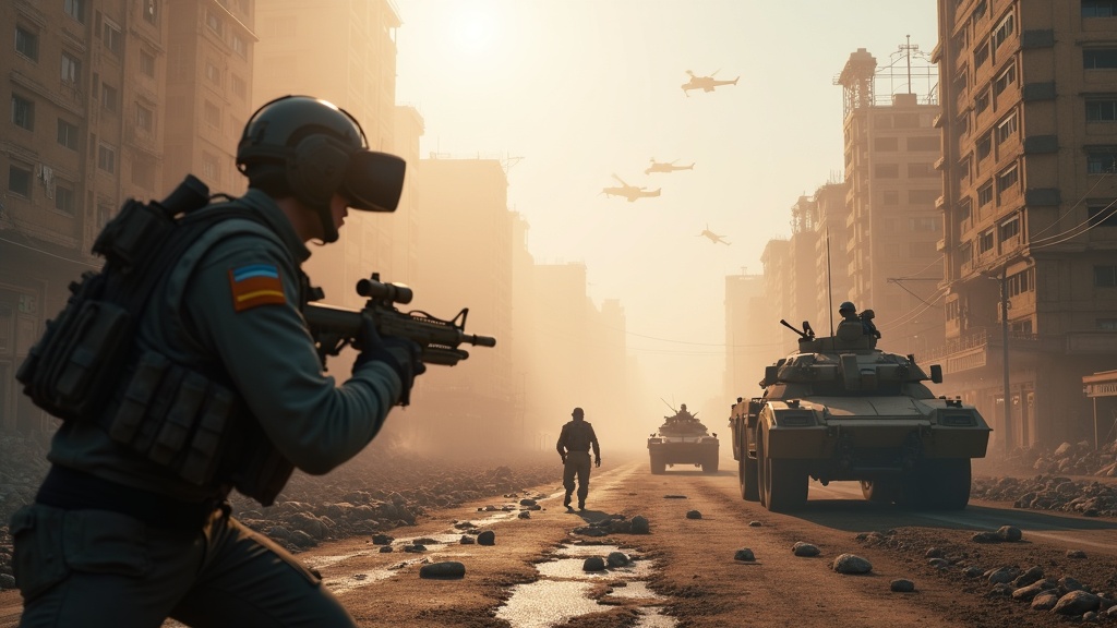 Soldado en el campo de batalla de Forefront, un VR shooter con vehículos.