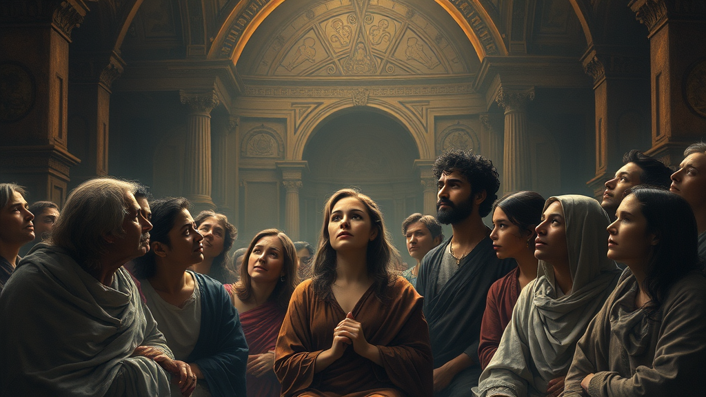 신앙과 경제적 안정성을 비유적으로 그린 장면