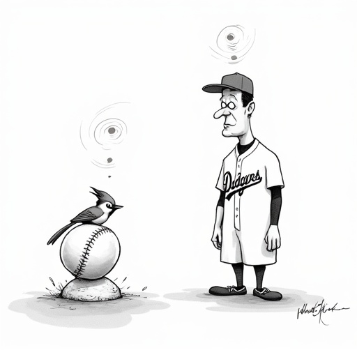 Blue Jays defeat Dodgers in close game single-panel cartoon