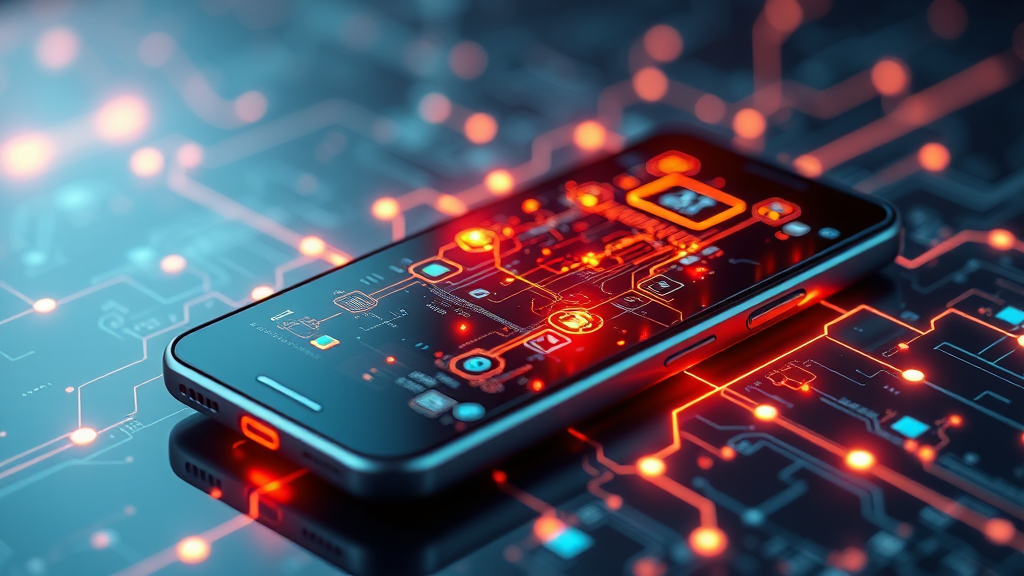 تصویر یک گوشی هوشمند مدرن با خطوط نورانی نشان‌دهنده جریان داده و هوش مصنوعی، در پس‌زمینه‌ای انتزاعی و تکنولوژیک، منعکس‌کننده آخرین اخبار گوشی هوشمند