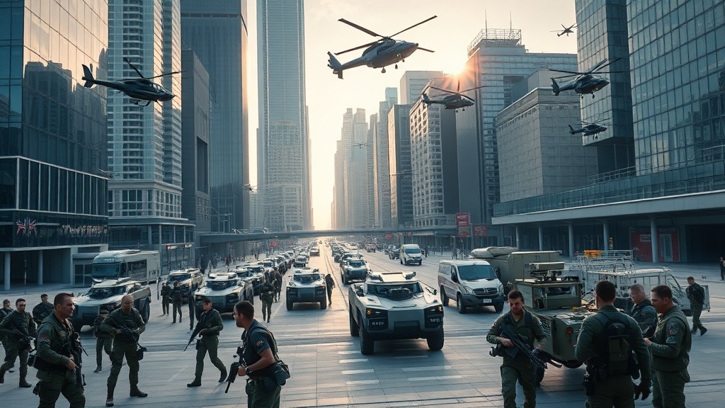 도시 환경에서의 대규모 방어 훈련 장면을 영화적 스타일로 재현한 사진