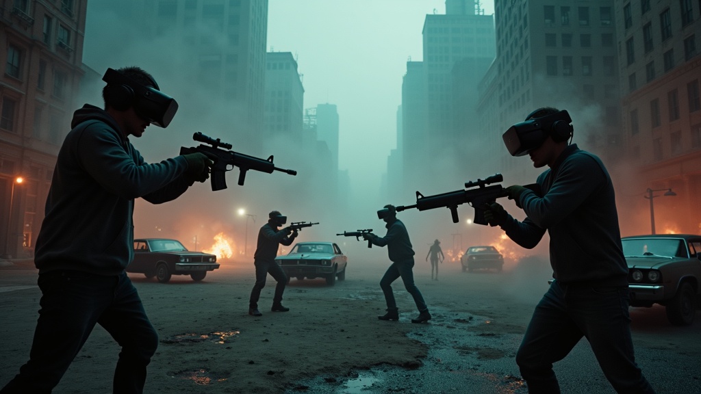 Vista en primera persona de un jugador apuntando con un arma en el juego de realidad virtual de zombis en Barcelona.