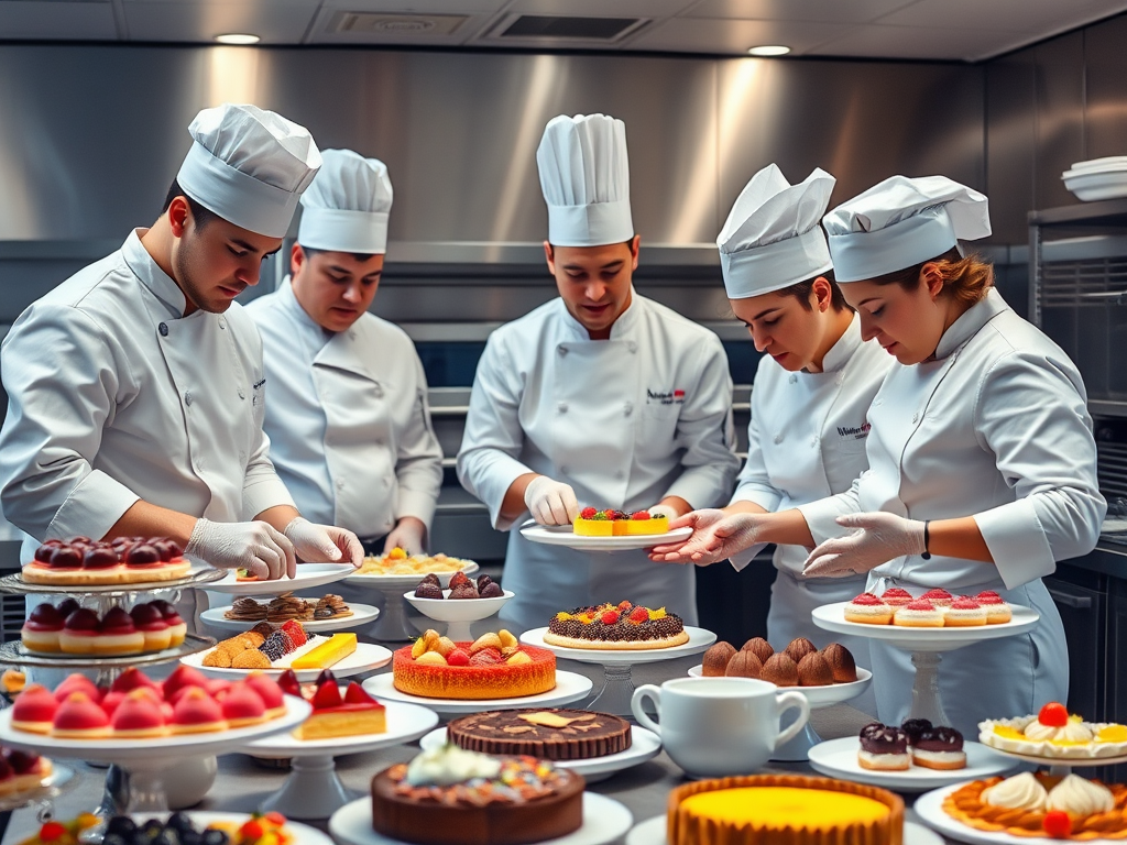 A team of skilled Pastry Chefs in a modern kitchen, wearing chef uniforms and hats, preparing a variety of exquisite desserts such as colorful pastries, cakes, and tarts. The atmosphere is professional and collaborative, with attention to detail and presentation, suitable for showcasing catering expertise.