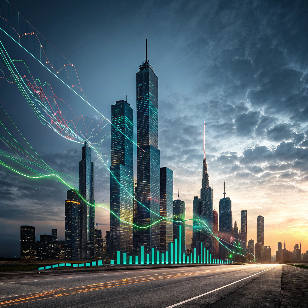 Cyfrowe narzędzia analityczne jako futurystyczny cityscape symbolizujący analizę konkurencji w SEO i SEM.