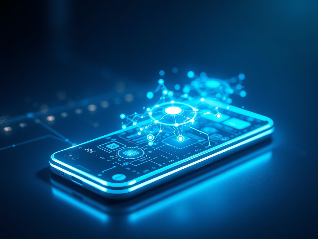 تصویر یک گوشی هوشمند مدرن با قابلیت‌های هوش مصنوعی فعال، نشان‌دهنده شبکه‌های عصبی و پردازش داده‌ها روی صفحه نمایش آن، در محیطی حرفه‌ای. Smartphone Innovations.