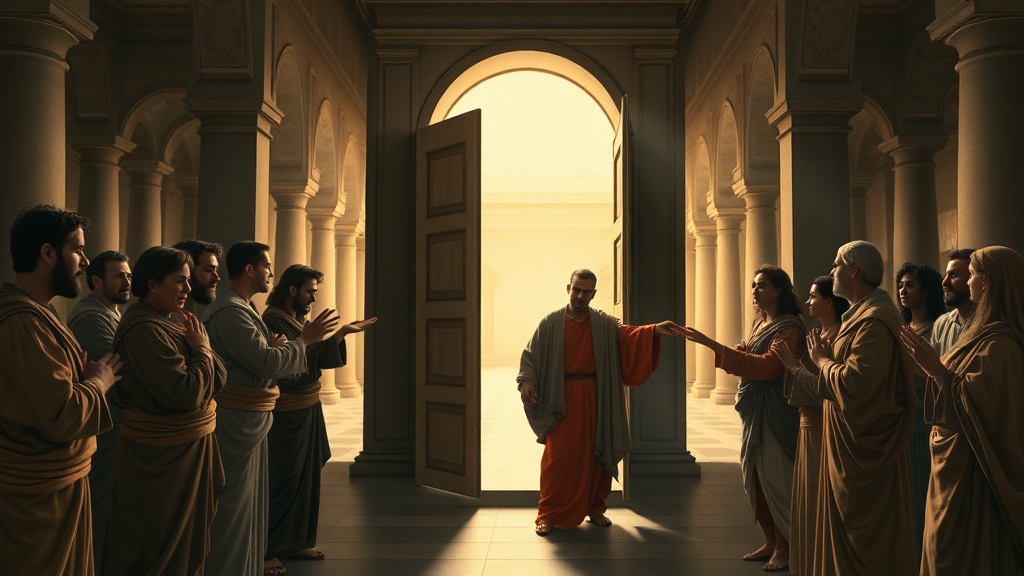 열린 문으로 들어오는 인물과 주변 사람들이 자비롭게 손을 내미는 르네상스풍 화해 장면