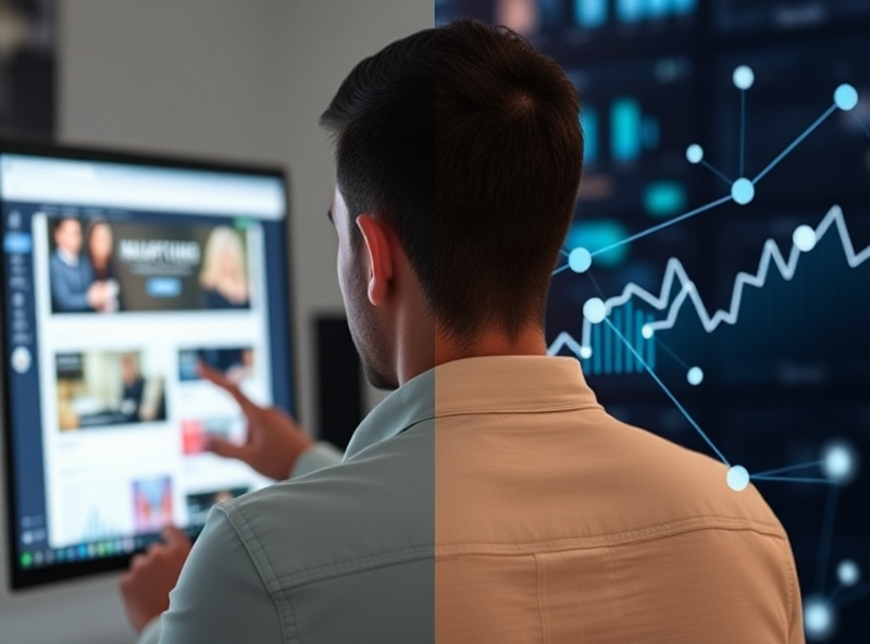 A split image: one side shows a person looking at a website or ad on a screen, the other side shows data points or analytics charts, connected by lines, representing digital marketing and customer experience solutions.