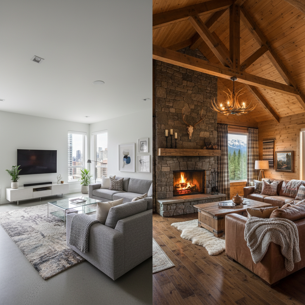 A split-screen view. Left side shows a modern living room. Right side shows the same living room redecorated in a cozy, rustic cabin style with a fireplace and wooden beams