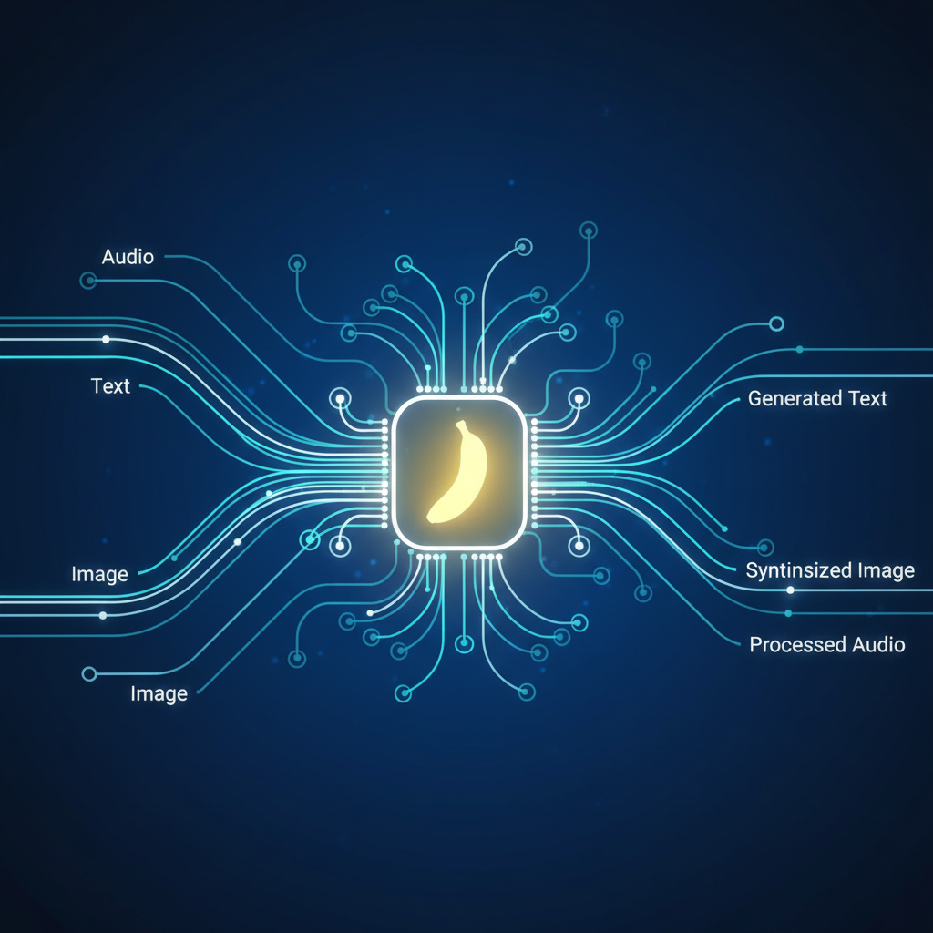 A futuristic diagram of the nano banana ai neural network showing inputs like text, image, and audio.