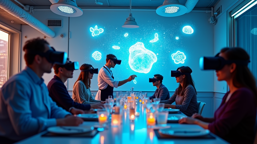 Una persona utilizando gafas de Realidad Virtual para interactuar con una simulación culinaria, similar a la experiencia en La Cava Zaragoza.