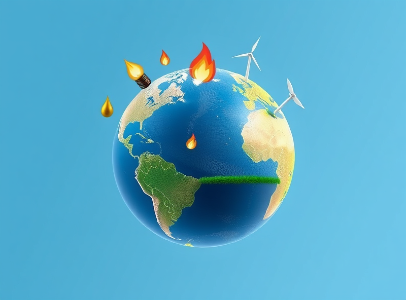 A globe with energy symbols (like oil drops, gas flames) transitioning into cleaner energy symbols (like wind turbines, solar panels), representing the energy transition and Exxon Mobil's role.