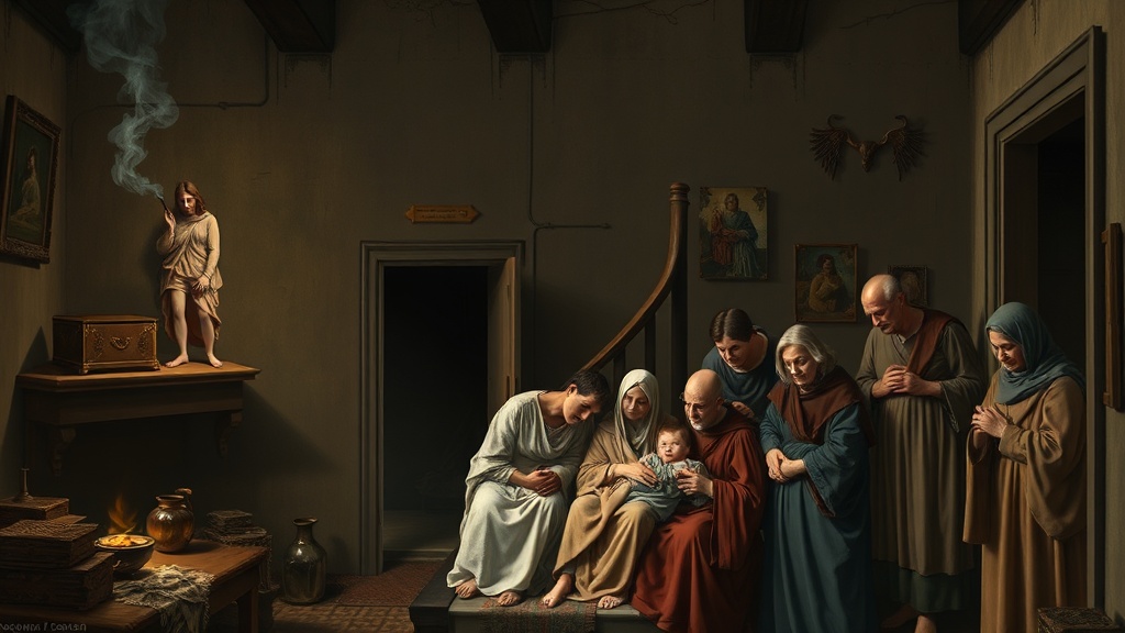 고전적 실내 계단에서 화재로 부상자 돌보는 이웃들의 모습, 연기와 그을음이 있는 장면