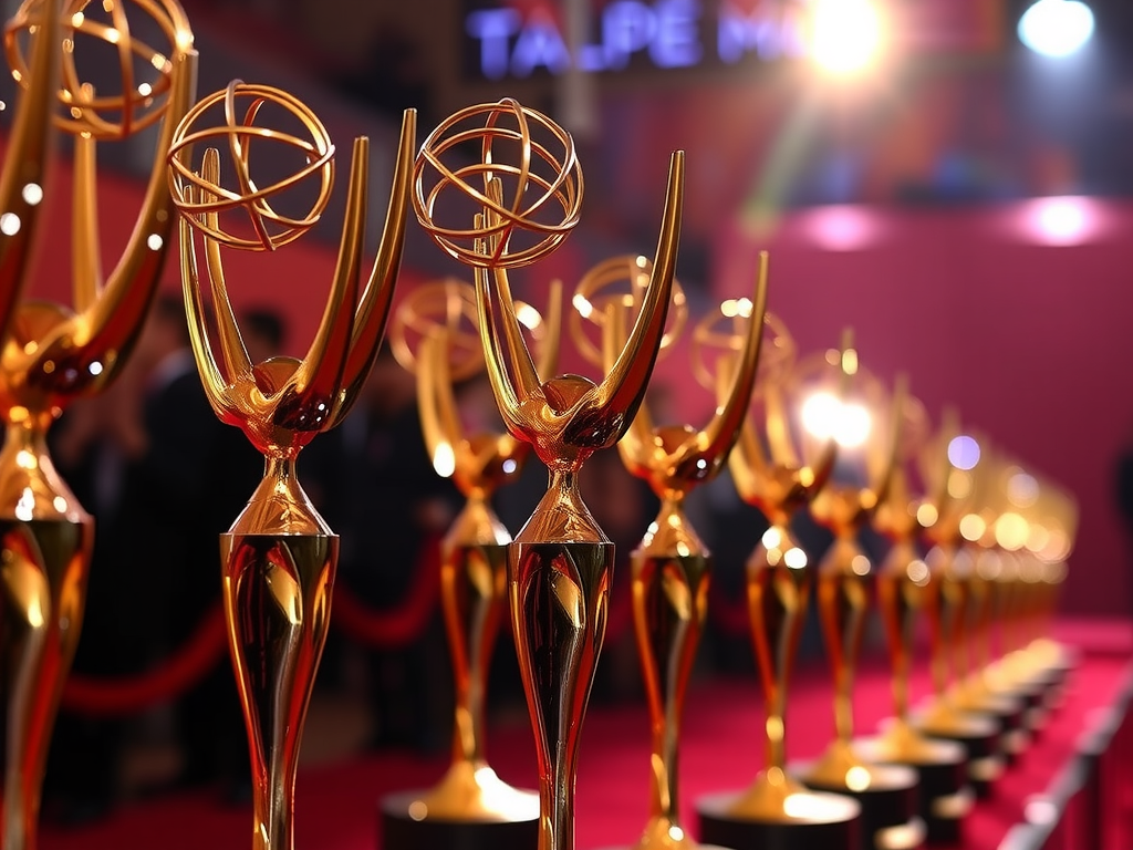 Emmy awards gleaming under spotlight, highlighting the prestigious Emmy nominations for Severance, The Last of Us, and Andor