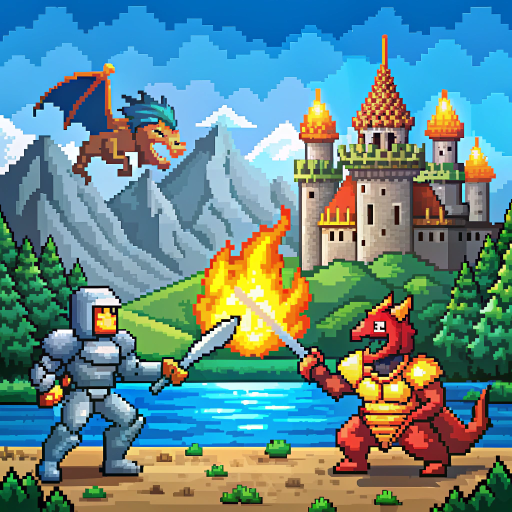 8-Bit Retro Video Game Battle: Knight vs Dragon