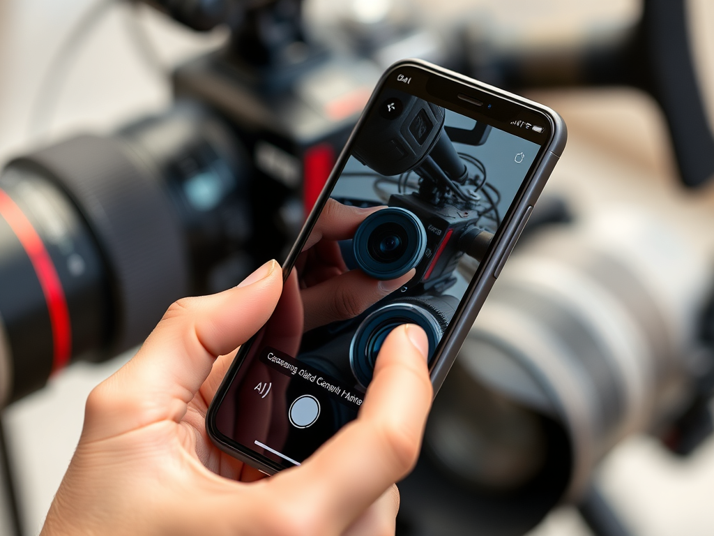 شخصی در حال بررسی گوشی موبایل و قابلیت‌های دوربین آن، با تمرکز بر لنز دوربین. تجهیزات عکاسی و فیلمبرداری به صورت محو در پس‌زمینه دیده می‌شوند. Realistic, high-quality. بررسی گوشی موبایل