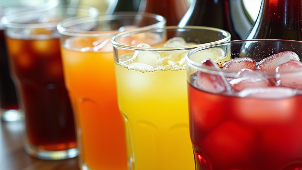 Various colorful soda bottles and cans lined up on a table beside glasses filled with ice cubes. There are recognizable colors like dark brown, orange, lemon-lime, and deep red.