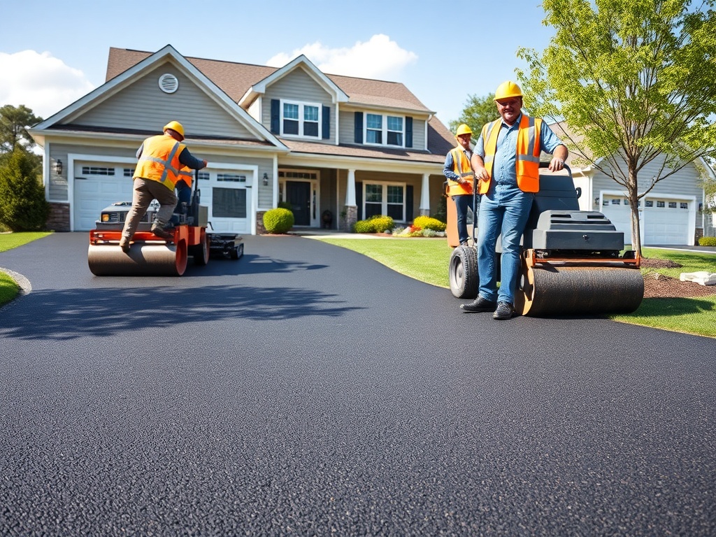 Professional paving crew completing a flawless residential driveway upgrade with clean asphalt and modern equipment in front of a suburban home