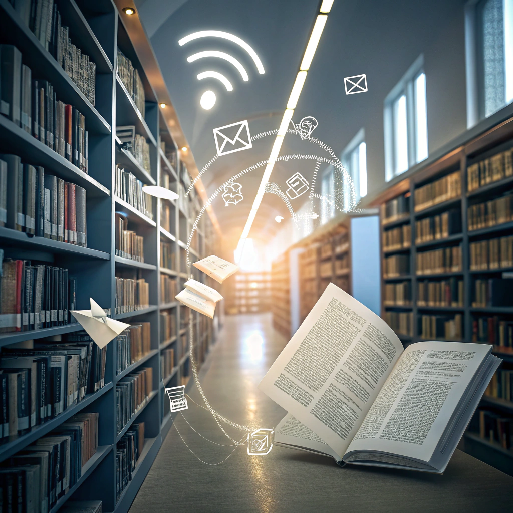 E-booki, raporty i newslettery unoszące się w futurystycznej bibliotece