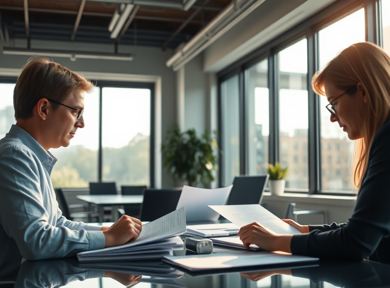 Silent figures in a sunlit office room, engrossed in detailed reports about Federal student aid changes for 2025, embodying a serene and contemplative atmosphere.