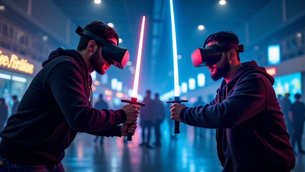 Un guerrero samurái se prepara para un duelo de espadas VR en Broken Edge, mostrando la intensidad del combate virtual en Virtua Barcelona.