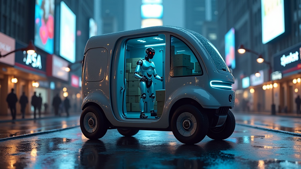 Vista detallada de los robots humanoides Amazon diseñados para la entrega de paquetes, mostrando su avanzada tecnología de sensores y actuadores.