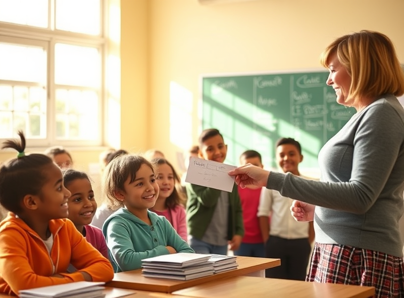 A group of joyful students express gratitude while receiving school clothing vouchers in a bright classroom, showcasing the heartwarming impact of supportive programs.