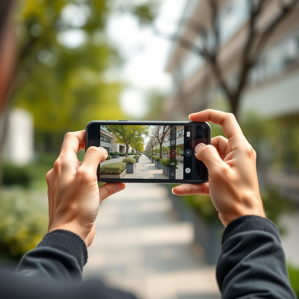 فردی در حال گرفتن عکس حرفه‌ای با گوشی موبایل خود، نشان دهنده کاربرد بررسی گوشی موبایل برای عکاسان