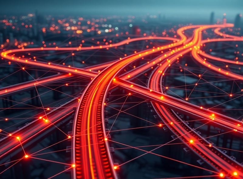 An abstract visual representing interconnected infrastructure elements (roads, railways, power lines, factory conveyor belts) forming a complex network. This network is overlaid with subtle financial data visualizations, showing efficiency and flow leading to growth. Use a clean, technical style with glowing lines and nodes in colors like orange, black, and white.