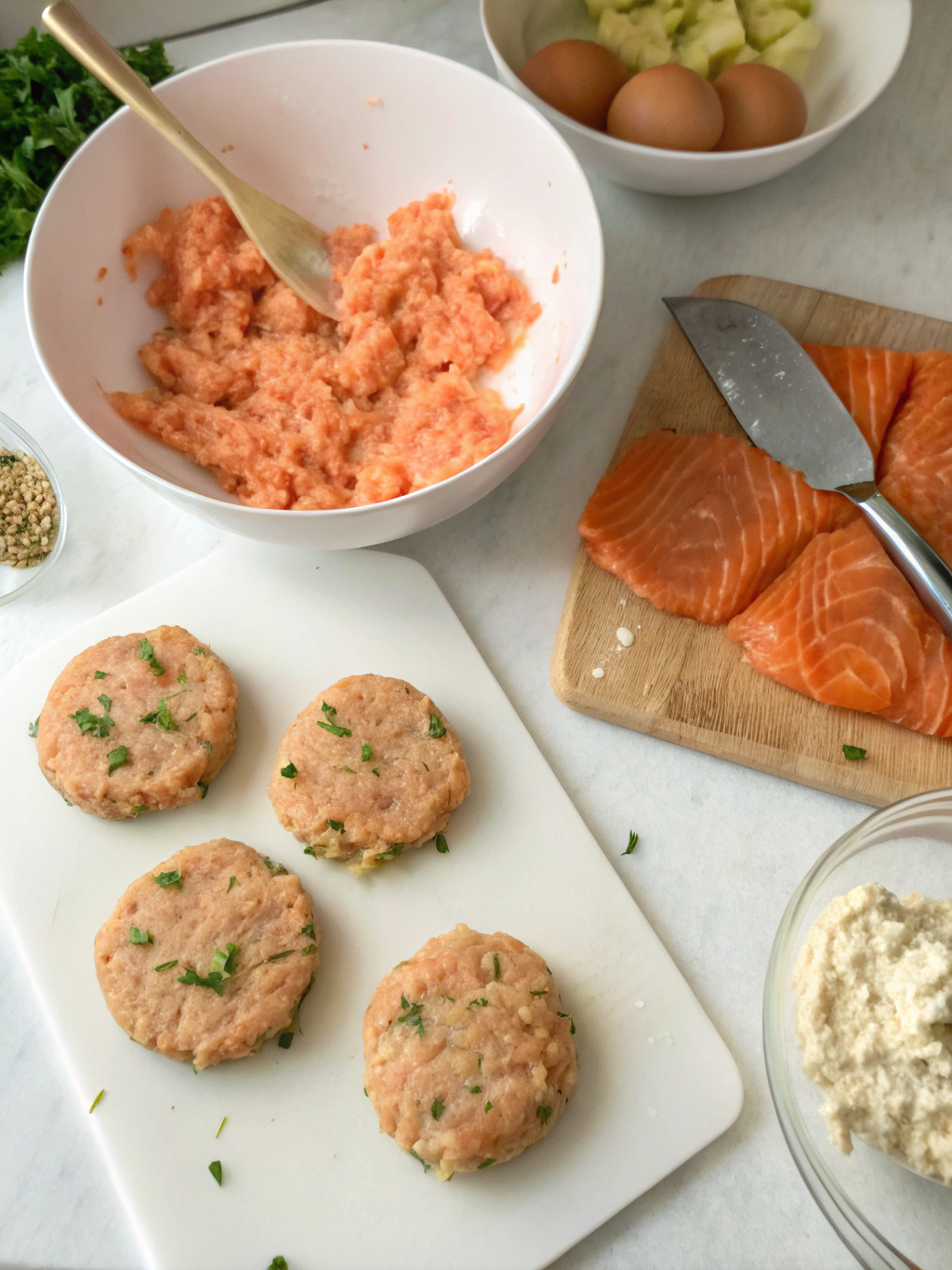 Golden salmon patties being cooked in a cast iron skillet