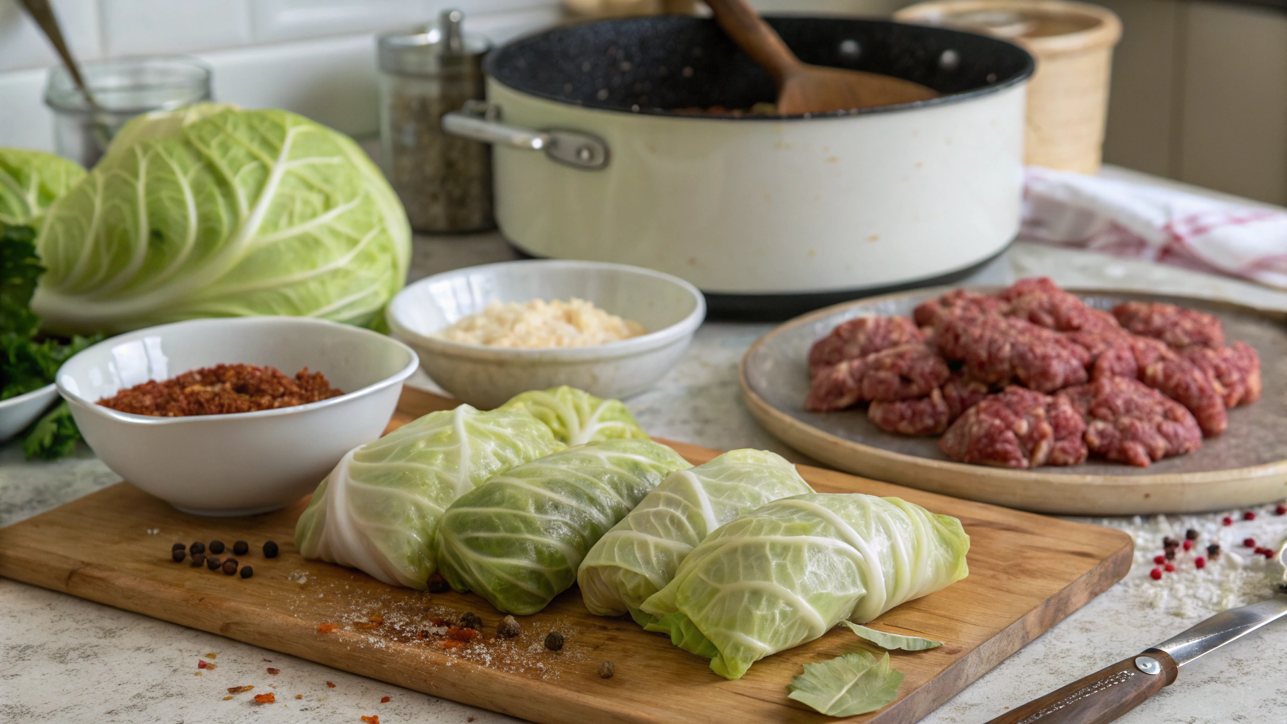 Cabbage rolls being prepared and cooked