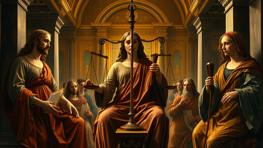 정의와 책임을 상징하는 종교적 장면