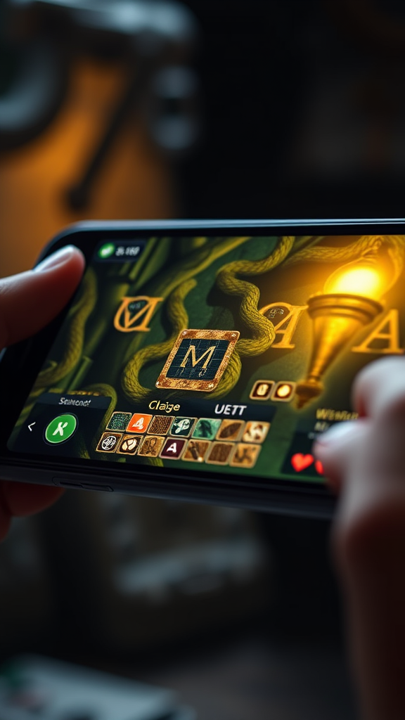 تصویری واقع‌گرایانه و با کیفیت بالا از صفحه نمایش یک آیفون یا آی‌پد که Myst iOS remake را در حال اجرا نشان می‌دهد، با تمرکز بر گرافیک دقیق و رابط کاربری موبایل و عناصر پازل غوطه‌ورکننده بازی.