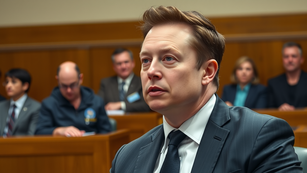تصویر واقعی و باکیفیت از ایلان ماسک در یک صحنه دادگاه، با هیئت منصفه در پسزمینه، که نشاندهنده یک حکم دادگاه ایلان ماسک است.