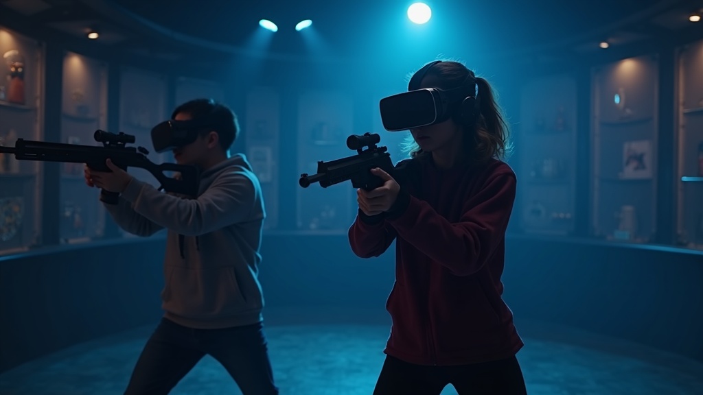 Vista en primera persona de un jugador apuntando con un arma futurista en la experiencia Serious Sam VR cooperativo.
