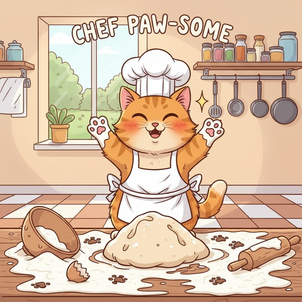 A mischievous orange tabby cat wearing a white chef's hat and apron, standing on hind legs at a kitchen counter covered in flour, with paw prints everywhere and a proud expression, cartoon illustration style