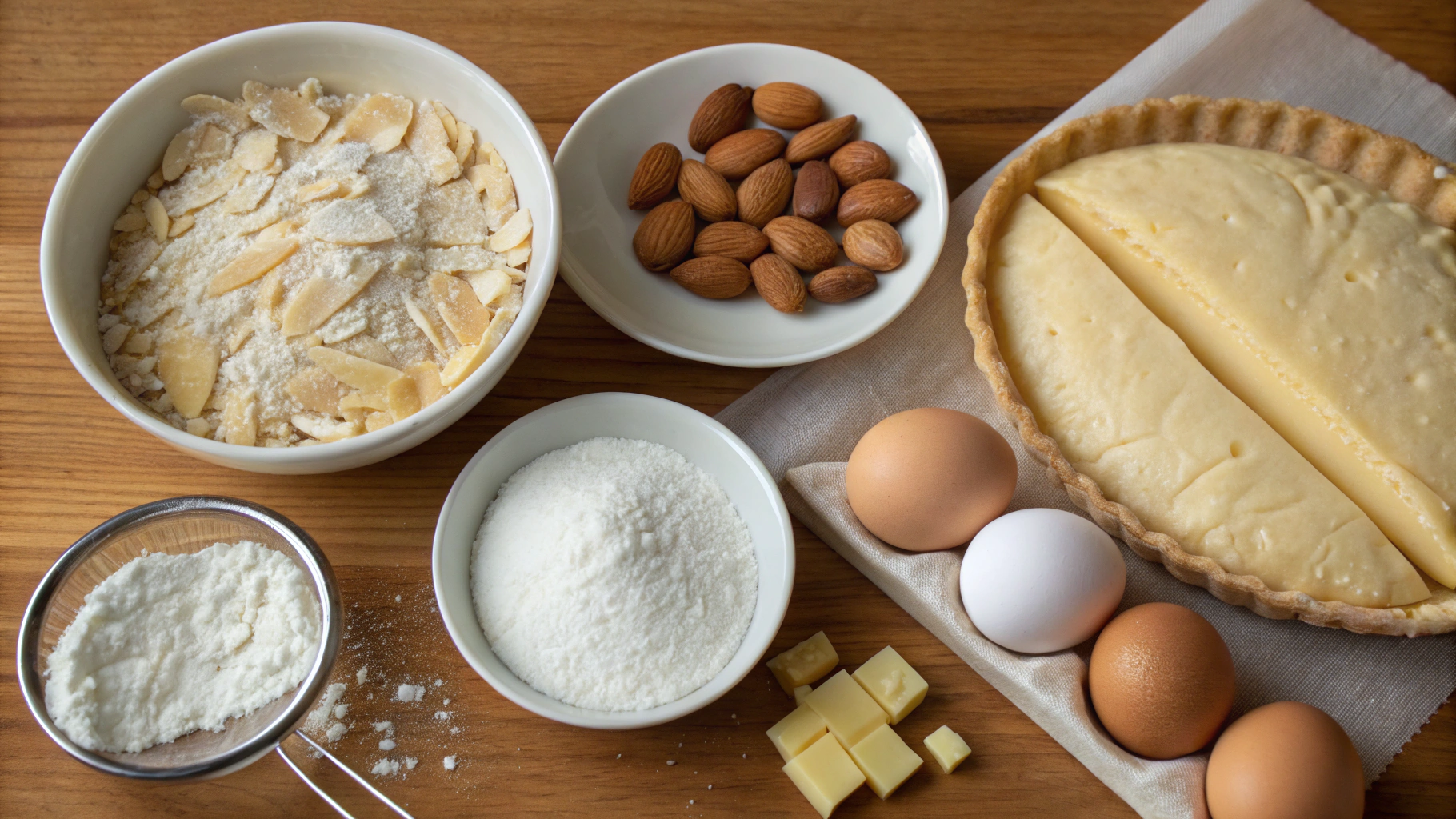 Galette des Rois ingredients laid out on a wooden surface