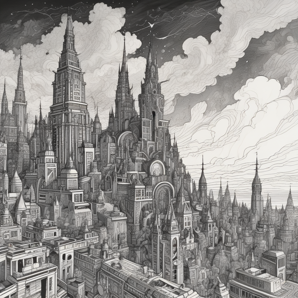 A towering, techno-organic structure reaching up towards a vibrant, neon-tinged sky, its gleaming spires and interconnected platforms creating a dizzying, maze-like cityscape.