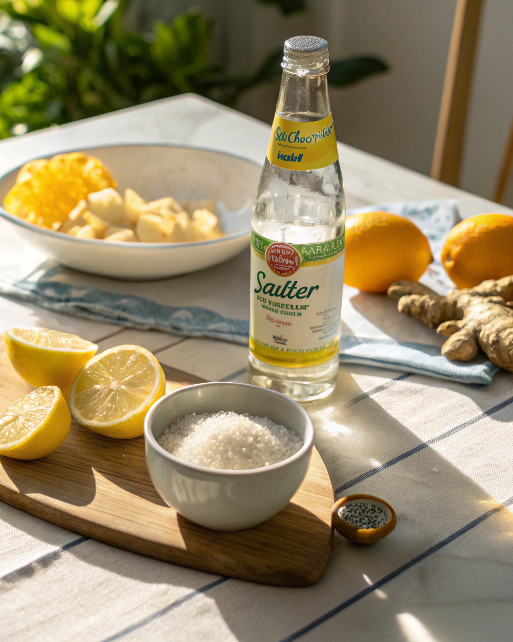  Ginger Lemon Paloma ingredients laid out on clean white counter