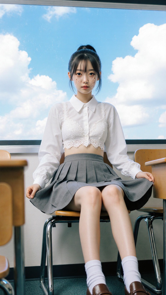 Real photo. Scene of a Japanese classroom. A young