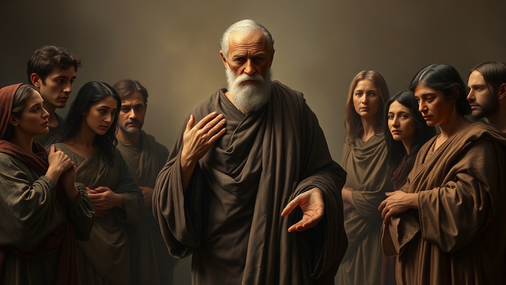 로마네스크 풍의 어른이 두 그룹 사이에서 화해를 이끄는 장면, 따뜻한 빛과 고요한 표정