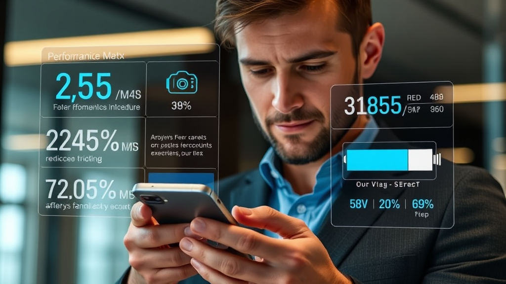 A person thoughtfully examining a smartphone, with holographic data overlays showing performance metrics, camera specs, and battery life, relevant to mobile phone reviews