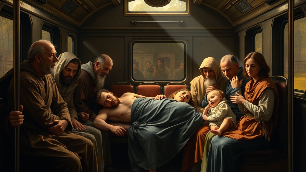 고전적 채색으로 연출된 대중교통 내부의 여러 인물이 서로를 바라보는 장면